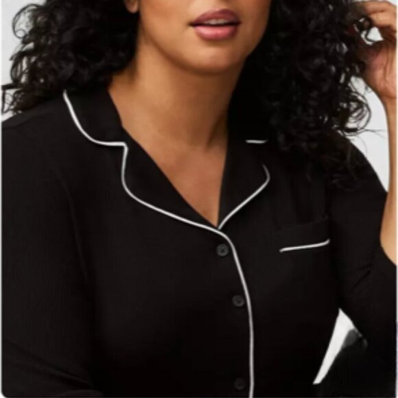 Super Soft by Torrid Rib Button Through Sleep Gown in Black with White Piping - Picture 4 of 8